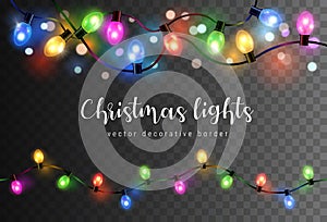 Vector set of realistic glowing colorful christmas lights in seamless pattern isolated on dark background photo