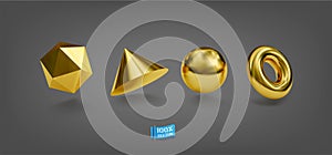 Vector Set of Realistic Golden Geometric Forms. Isolated geometry objects metallic color. Decorative for design