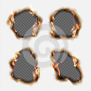 Vector set of realistic holes burnt in paper with brown edges an