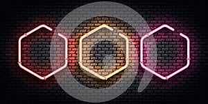 Vector set of realistic isolated neon sign of hexagon frame for template and layout.