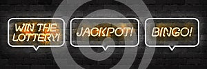 Vector set of realistic isolated neon sign of Win The Lottery, Bingo and Jackpot logo for template decoration and layout covering