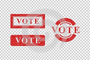 Vector set of realistic isolated red rubber stamps of Vote on the transparent background.