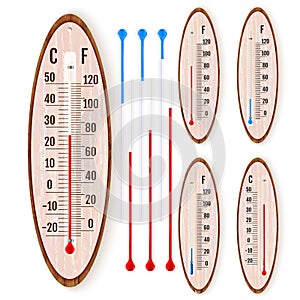 Vector set of realistic liquid thermometers with celsius and fahrenheit scales, red and blue indicator. Vector illustration
