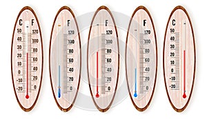Vector set of realistic liquid thermometers with celsius and fahrenheit scales, red and blue indicator. Vector illustration