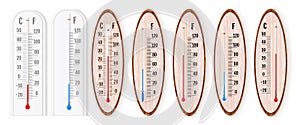 Vector set of realistic liquid thermometers with celsius and fahrenheit scales, red and blue indicator. Vector illustration