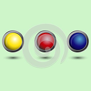 Vector set of realistic multicolored buttons. yellow, red and blue 3d buttons with metallic outline. Elements and props for web