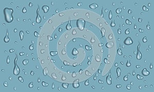 Vector set of realistic water drops and splash different sizes mockup for background, condensation of rain, banner for design photo