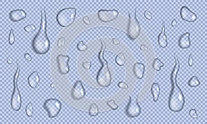 Vector set of realistic water drops and splash different sizes on a transparent background, condensation of rain, vector.