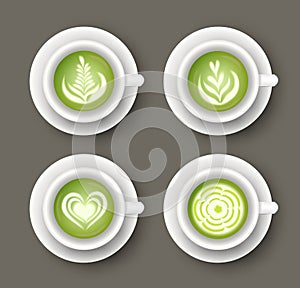 Vector set with realistic white cups with matcha latte drink. Top view of healthy hot green beverage. 3d template of mug with tea