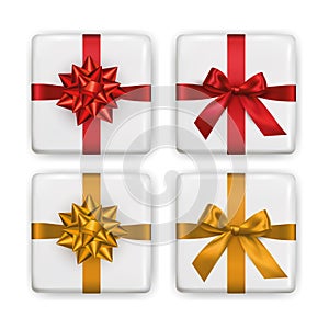 Vector set of realistic wrapped white square presents with red and gold shiny decorative bows on white background