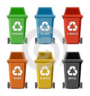 vector set of recycling wheelie bin icons. separate waste and garbage concept symbols