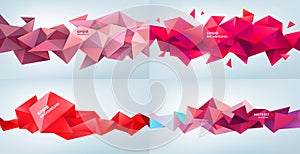 Vector set of red abstract facet, low poly geometric triangle background. 3d crystal colorful shapes, banners