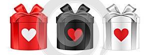 Vector set of red, black and white color round shape gift boxes with heart icons, isolated on white