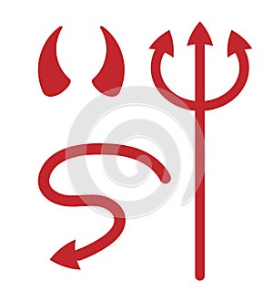 Vector set of red devil horns tail and trident