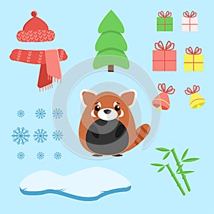 Vector set of red panda with xmas staff: lollipop, gifts, tree, iceberg, hat and scarf, bamboo and bells.