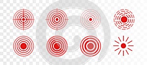 Vector set of red rings icon for medical design on transparent background. Pain circle to mark painful body parts. photo