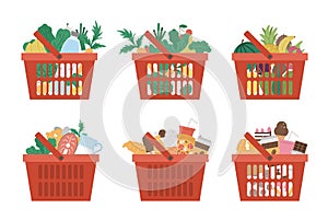 Vector set of red shopping basket icons with products isolated on white background. Plastic shop cart with vegetables, fruit,