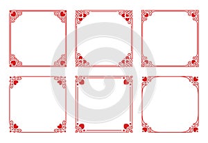 Vector set of red square frames with hearts, flourishes, curls