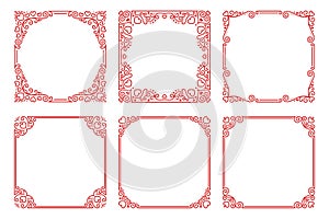 Vector set of red square frames in linear art deco style