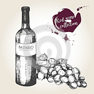 Vector set of red wine in vintage style. bottle, glass and grape. Use for restaurant, cafe, store, food, menu, design.