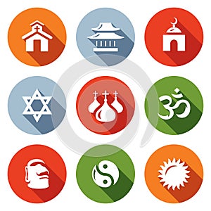 Vector Set of Religion Icons. Catholic, Buddhism, Islam, Judaism, Christianity, Hinduism, Idolatry, Taoism, Paganism.