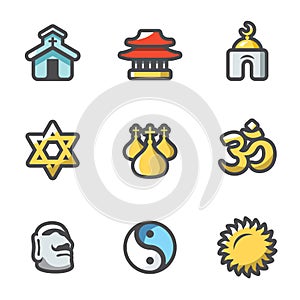 Vector Set of Religion Icons. Catholic, Buddhism, Islam, Judaism, Christianity, Hinduism, Idolatry, Taoism, Paganism. photo