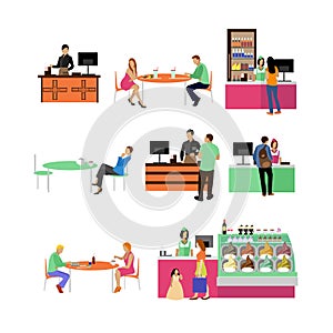 Vector set of restaurant employees and visitors.