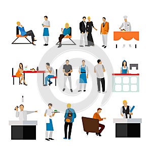 Vector set of restaurant employees and visitors. People icons on white background