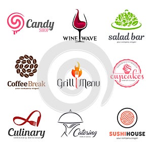 Vector set of restaurant logo design. Eco food, wine, sushi, cupcakes, coffee and grill icon. Dish elements icon design.