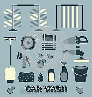 Vector Set: Retro Car Wash Icons and Silhouettes