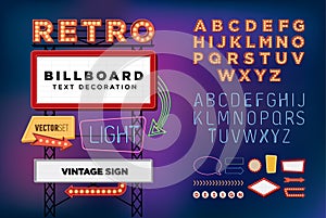 Vector set Retro neon sign, vintage billboard, bright signboard photo