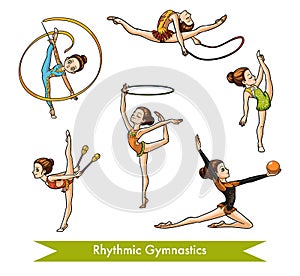 Vector set of rhythmic gymnastics. Cartoon girl photo
