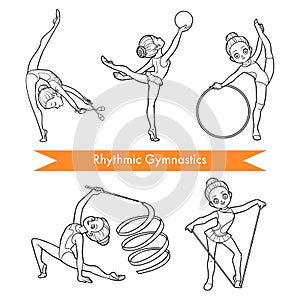 Vector set of rhythmic gymnastics. Cartoon girls