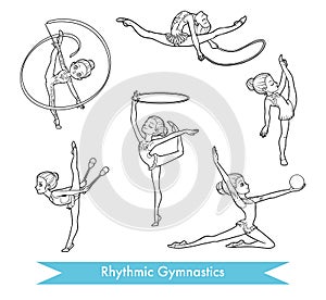 Vector set of rhythmic gymnastics. Cartoon girls