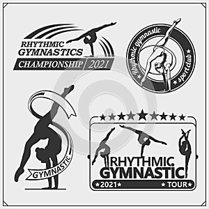 Vector set of rhythmic gymnastics silhouettes. Female silhouettes of gymnasts. Sport icons, sport logos.