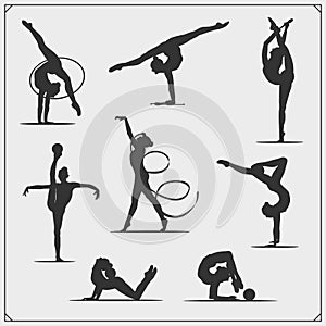 Vector set of rhythmic gymnastics silhouettes. Female silhouettes of gymnasts. Sport icons, sport logos.