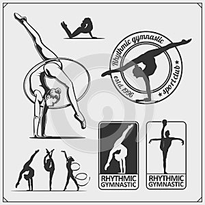 Vector set of rhythmic gymnastics silhouettes. Female silhouettes of gymnasts. Sport icons, sport logos.