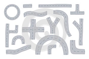 Vector set of road with crossroads, footpath and white markings. Bending asphalt roads and highways vector illustration.
