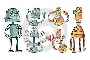 Vector set with robots in outline style with colorful fill. Gray and orange mechanical androids with different emotions