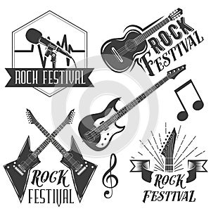 Vector set of rock festival labels in vintage style. Rock music instruments, microphone, guitar on white