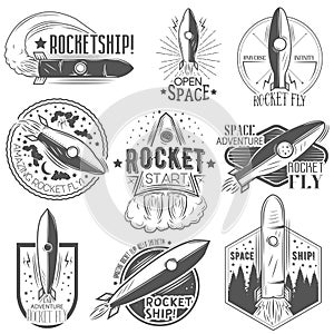 Vector set of rocket launch labels in vintage style.