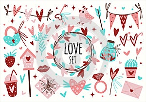 Vector set of romantic elements for valentine\'s day celebration. Hand-drawn cute cliparts isolated on white background.
