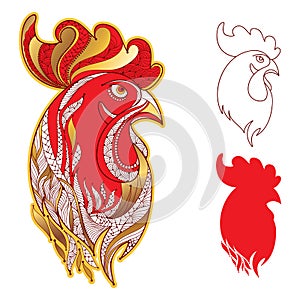 Vector set with rooster or head profile in gold and red on white. Symbol of New Year 2017 in Chinese calendar.