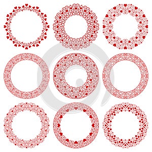 Vector set of round frames in vintage art deco style with red hearts