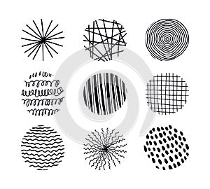 Vector set with round textured elements for posters, prints, Social Media Icons. Hand drawn contemporary trendy doodle shapes