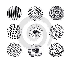 Vector set with round textured elements for posters, prints, Social Media Icons. Hand drawn contemporary trendy doodle shapes