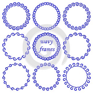 Vector set of round wavy blue frames in nautical style