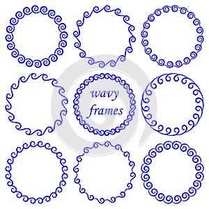 Vector set of round wavy blue frames on white background
