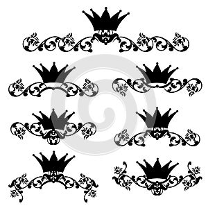 vector set of royal crown and roses black silhouette page decor