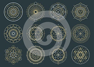 Vector set of sacred geometric figures, dreamcatcher and mystic symbols, alchemical and spiritual signs photo